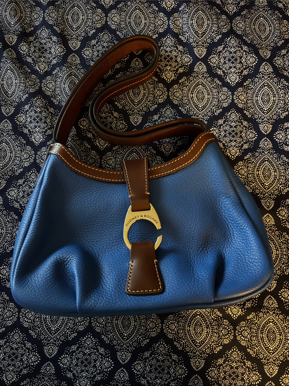 Dooney & Bourke Blue Pebbled Leather Shoulder Bag with Brown Trim